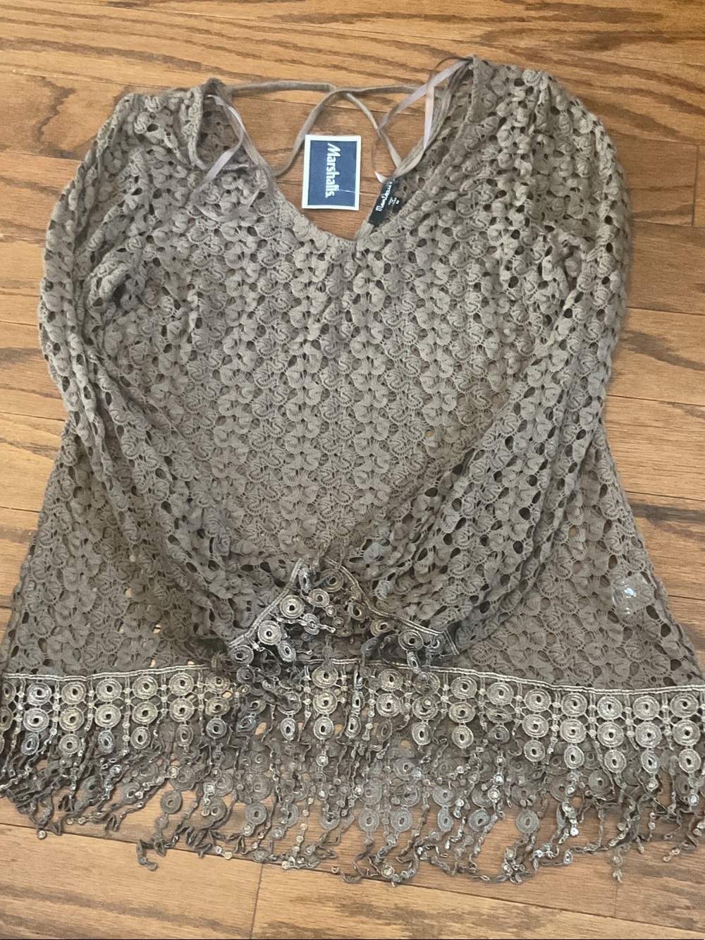 Monteau Taupe Crochet Fringe Long Sleeve Top